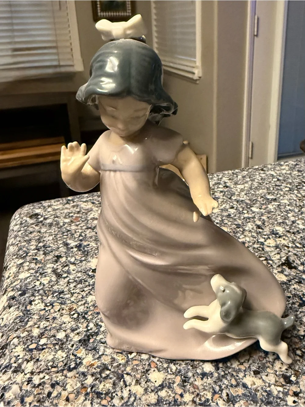 Lladro Nao Porcelain Girl with puppy. Blue and Gray soft colors.  6.75 inches.